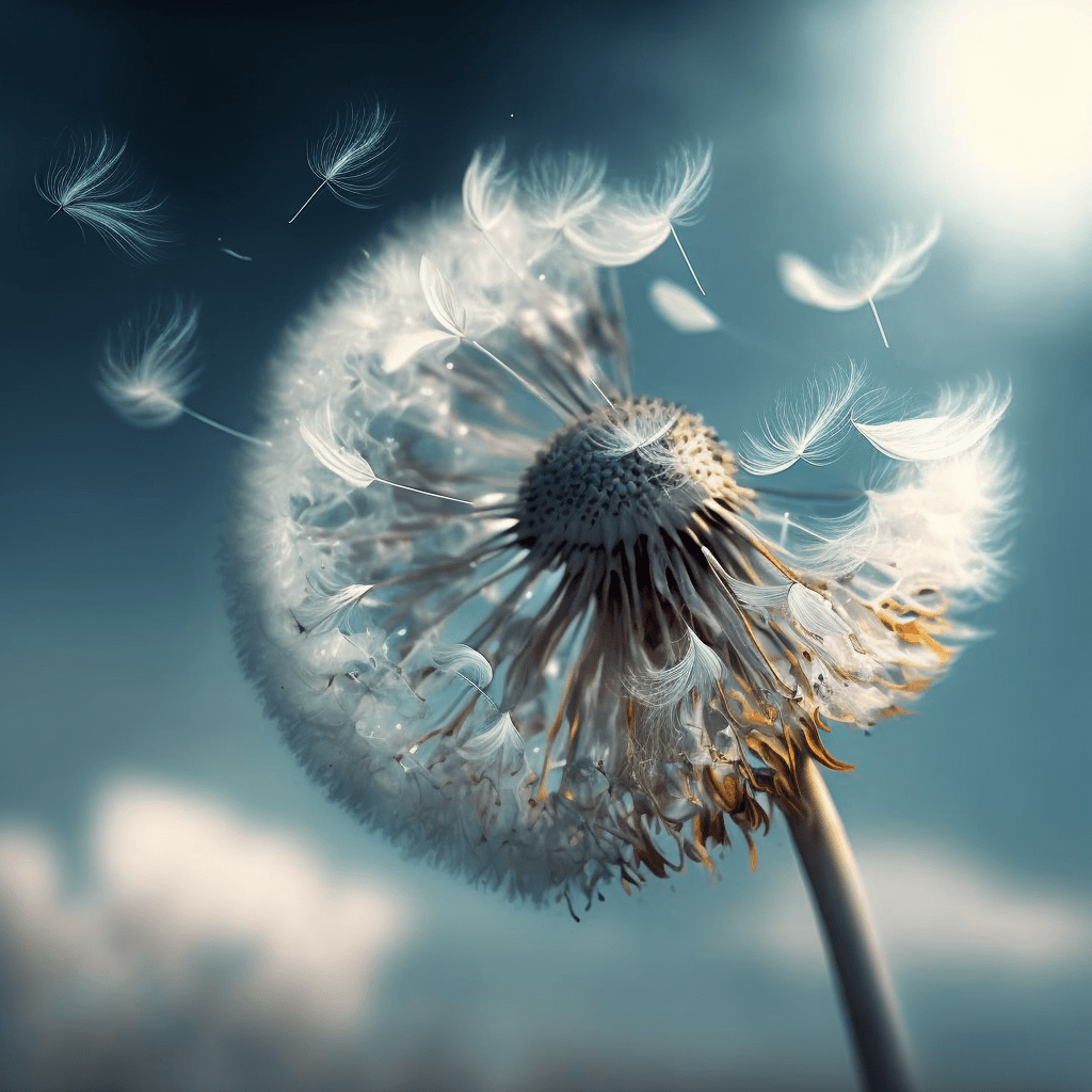 Dandelion puff seeds blowing in the wind photor