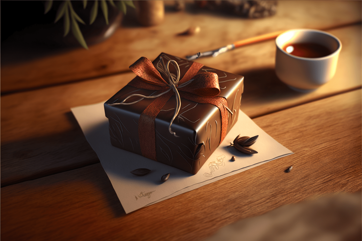 Heartwarming gift on wooden table closeup photo