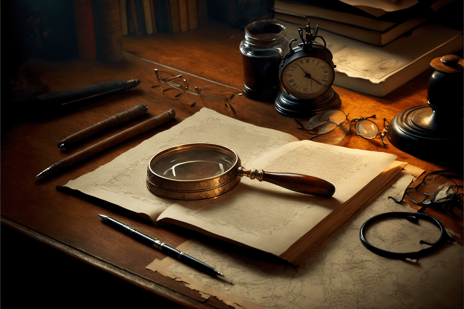 Old wooden desk detective equipment magnifying