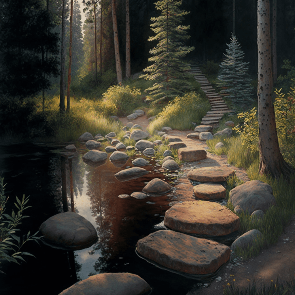 Stepping stones trail in the woods warm light f
