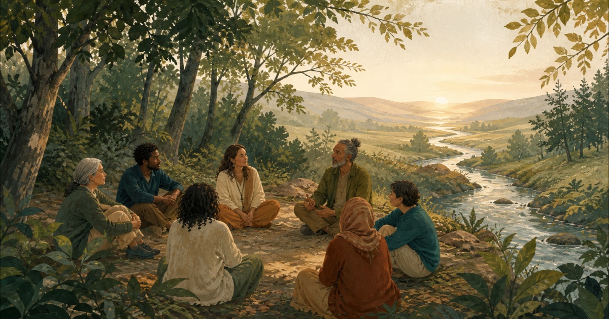 Diverse adults sharing a reflective conversation in a sheltered woodland clearing beside a winding stream