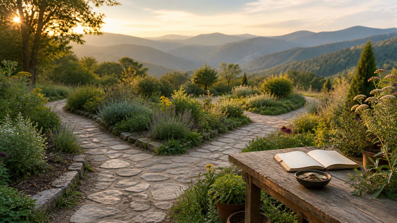 A mountain garden path opening toward several possibilities beside a notebook and a small bowl of coins
