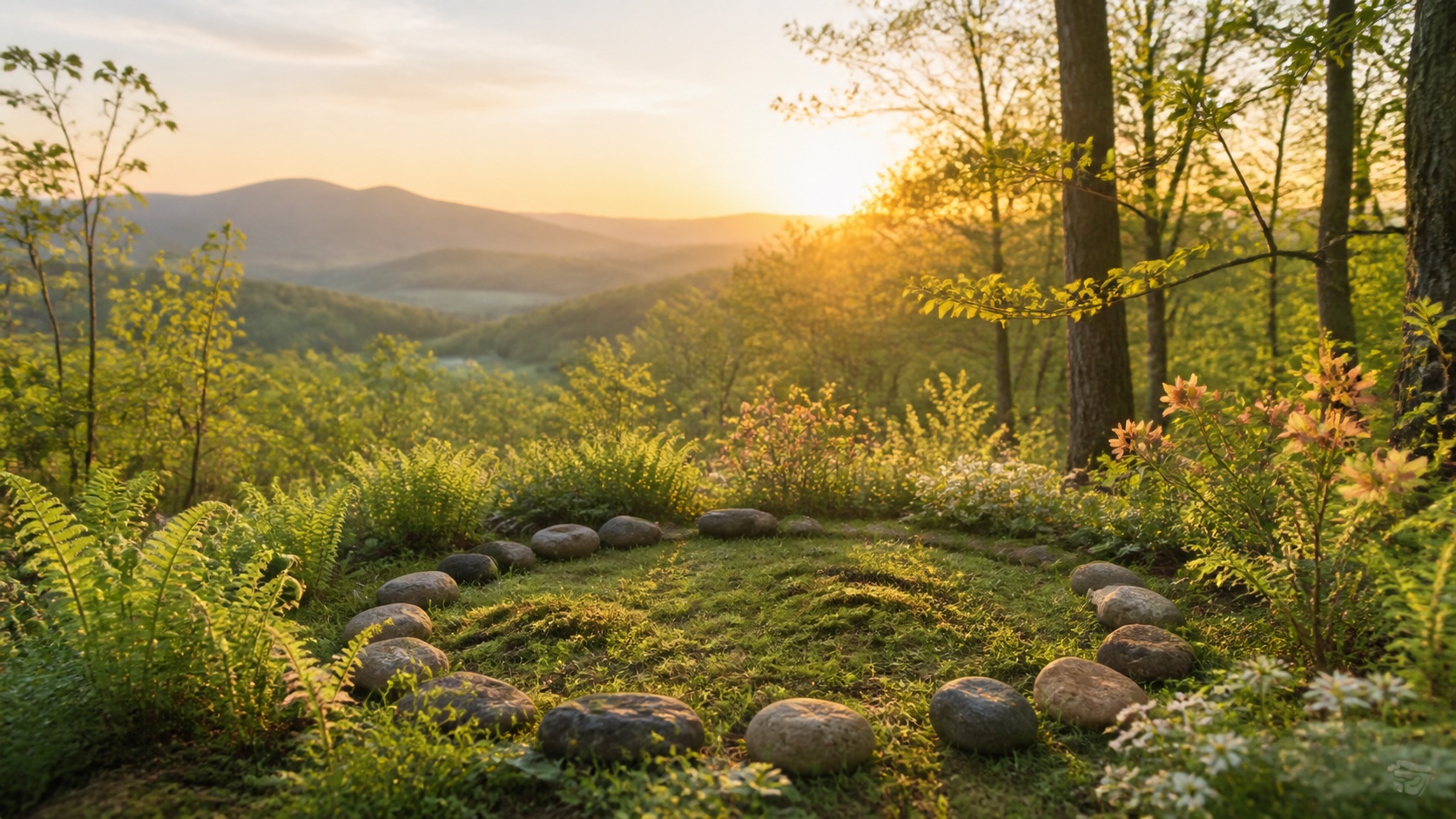 A living circle of stones among new ferns and wildflowers above the Blue Ridge Mountains