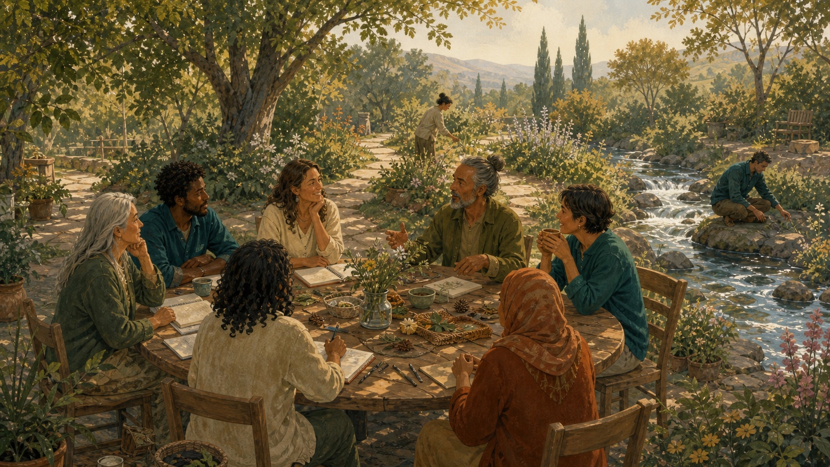 A diverse group gathered around a table in a sunlit garden beside a flowing stream