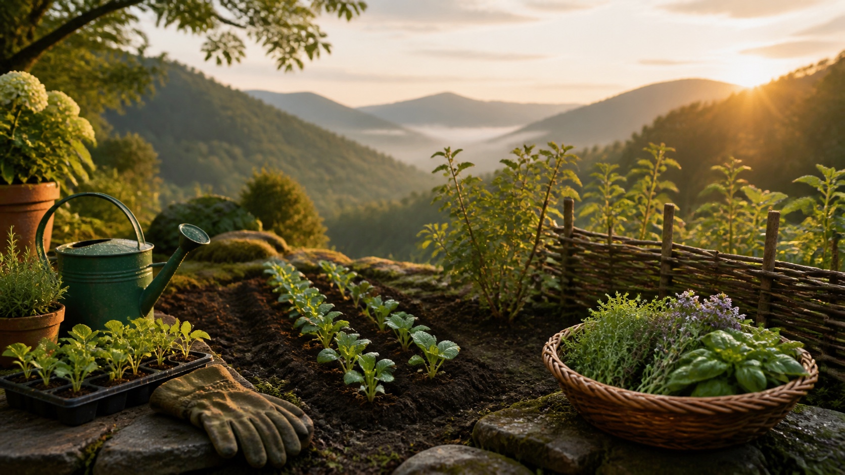 A mountain garden with seedlings, growing plants, protection, and herbs ready to savor
