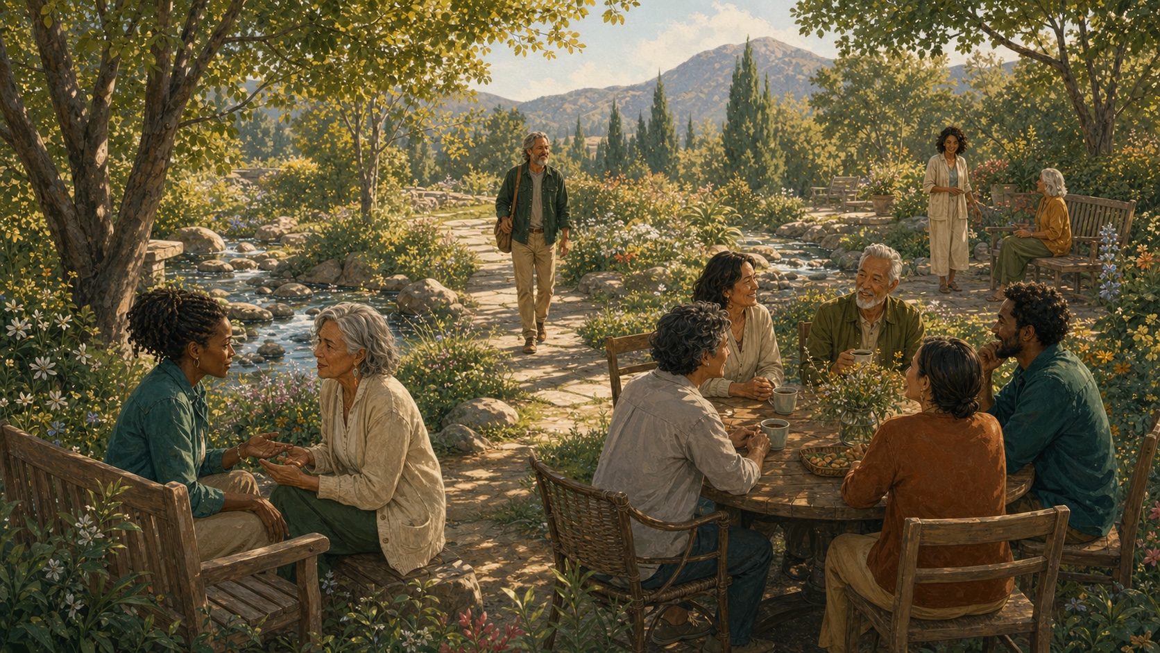 Adults connecting in small groups in a sunlit mountain garden beside a stream