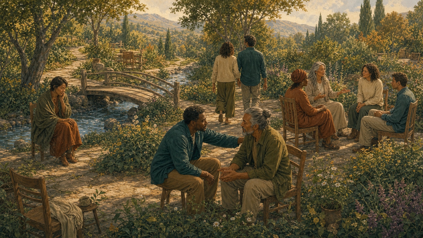 Adults listening, talking, and walking with one another in a spacious autumn mountain garden
