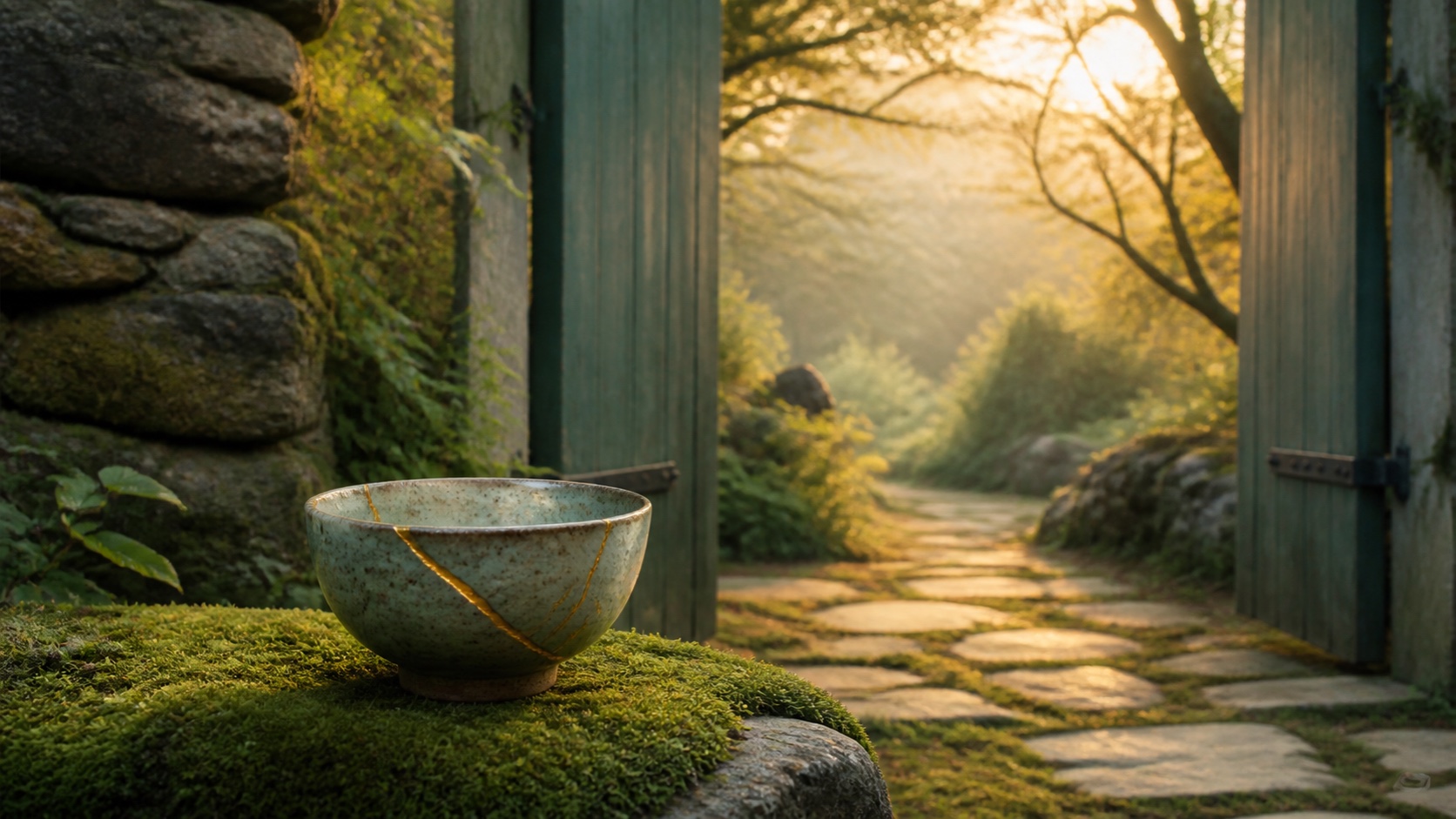 A repaired ceramic bowl resting beside an open garden gate in warm morning light