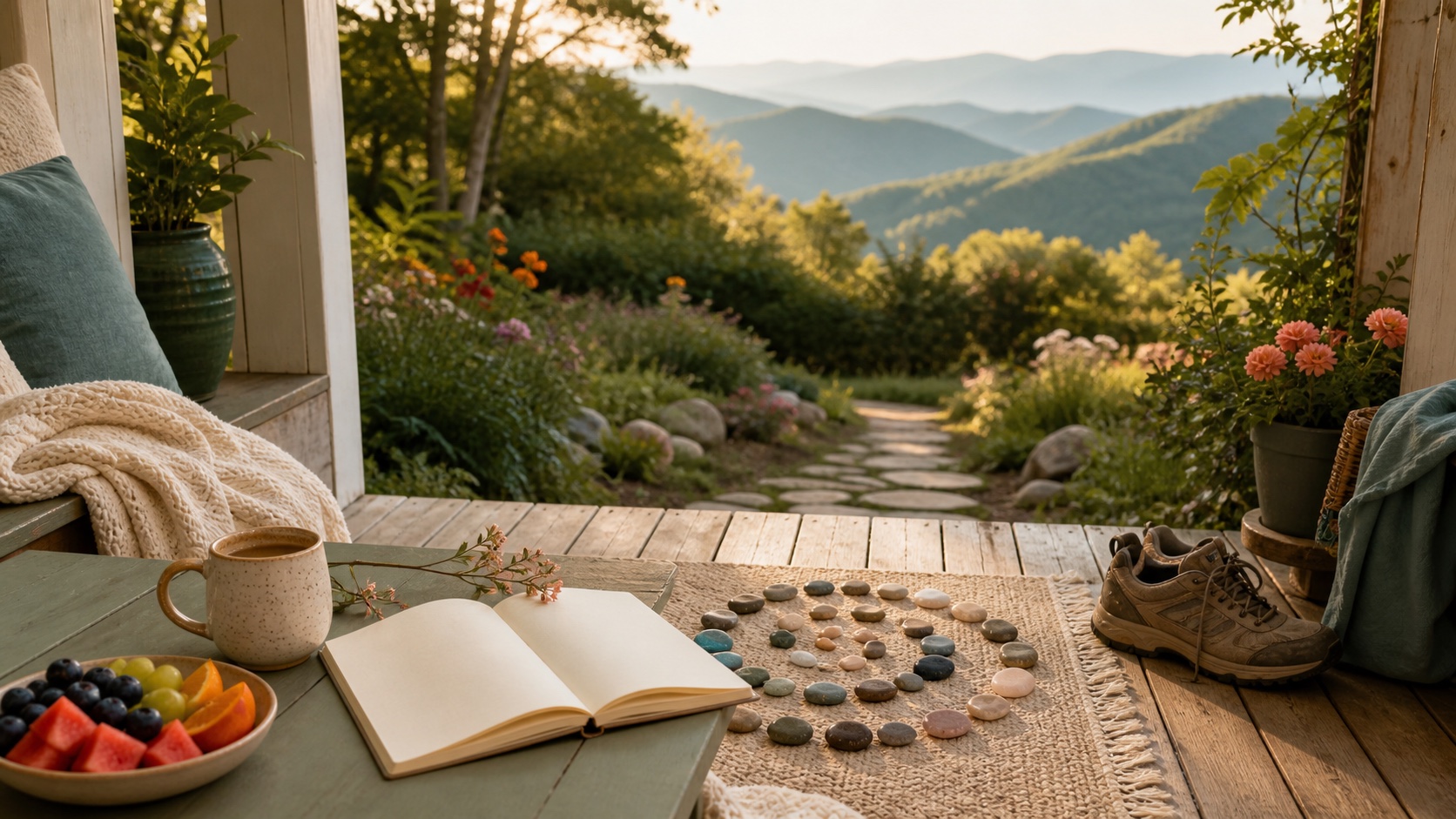 A welcoming mountain porch with several small, playful choices for everyday care